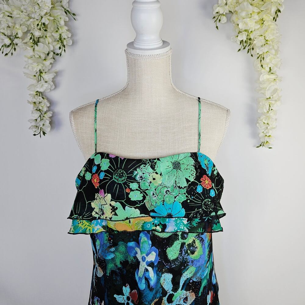 Thalia Sodi Dress Large Y2K Tropical Floral Ruffle Chiffon Fairycore Whimsigoth - Picture 5 of 14